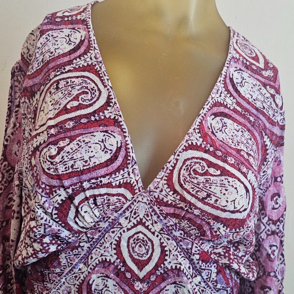 Free People Boho Long Sleeve Crop Top Large Burgundy Pattern Blouse